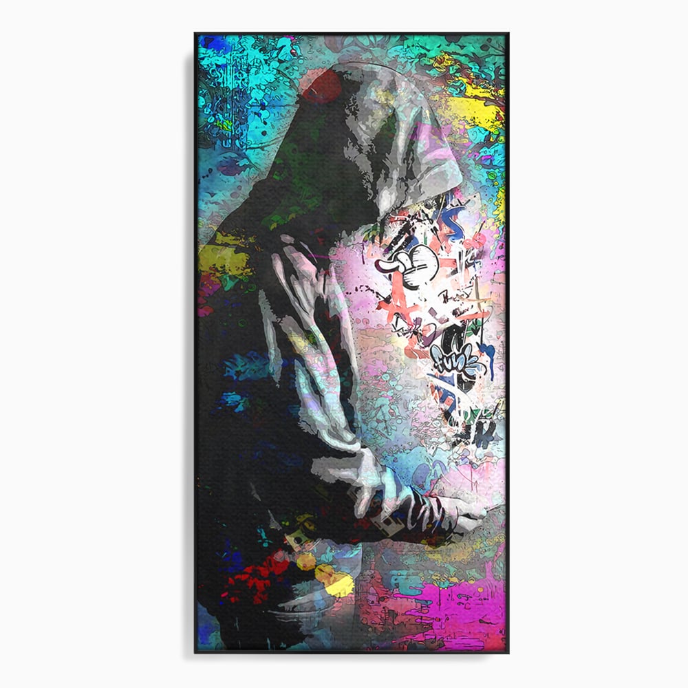 Tablou canvas cu tablou canvas cu baiat in hanorac, in rama de aluminiu negru